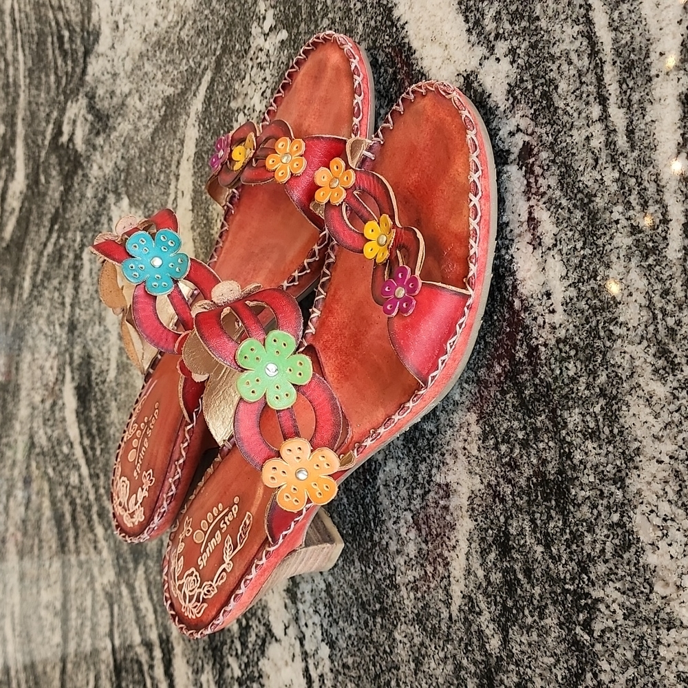 Spring Step Low Heel Boho Sandal Summer Vacation Flowery Cutouts